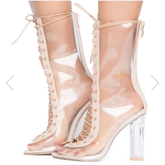 NEW Open Toe Chunky Clear Heel Lace Up Ankle Boot - Picture 1 of 8